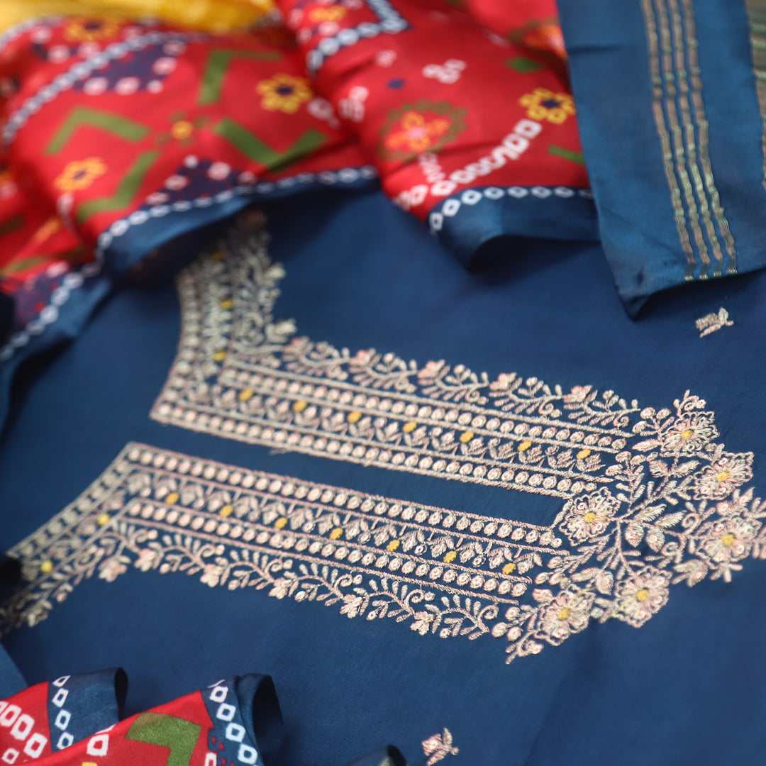 Soundarya Cerulean Blue Zari Work Designer Neck Dola Silk Suit Set