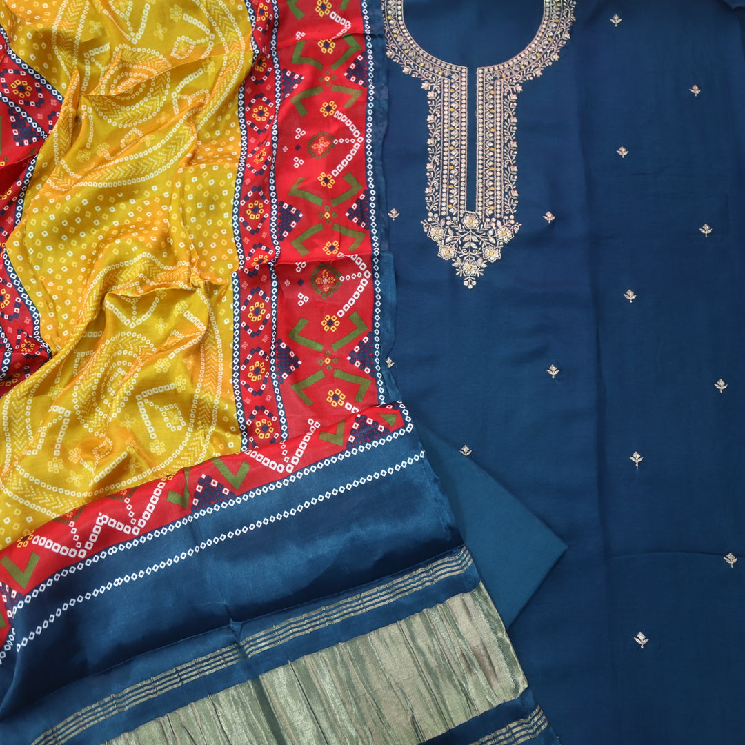 Soundarya Cerulean Blue Zari Work Designer Neck Dola Silk Suit Set