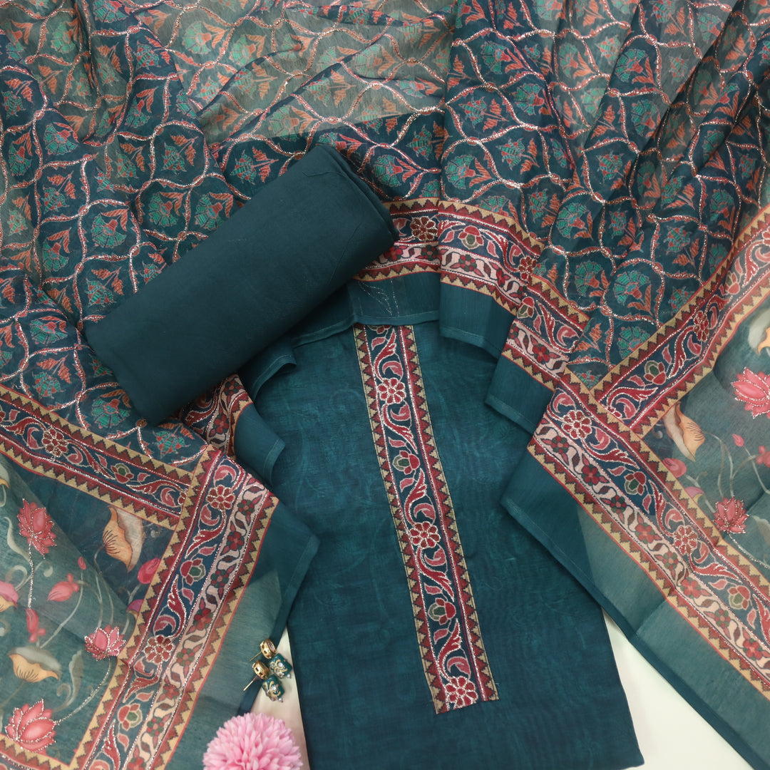 Ittar Sacramento Green Printed Patch Zari Work Neck Chanderi Suit Set