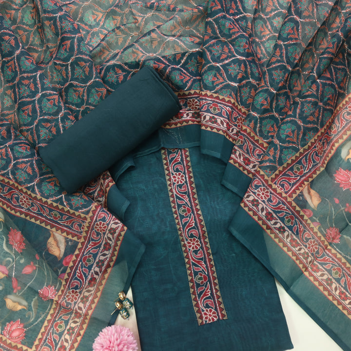 Ittar Sacramento Green Printed Patch Zari Work Neck Chanderi Suit Set