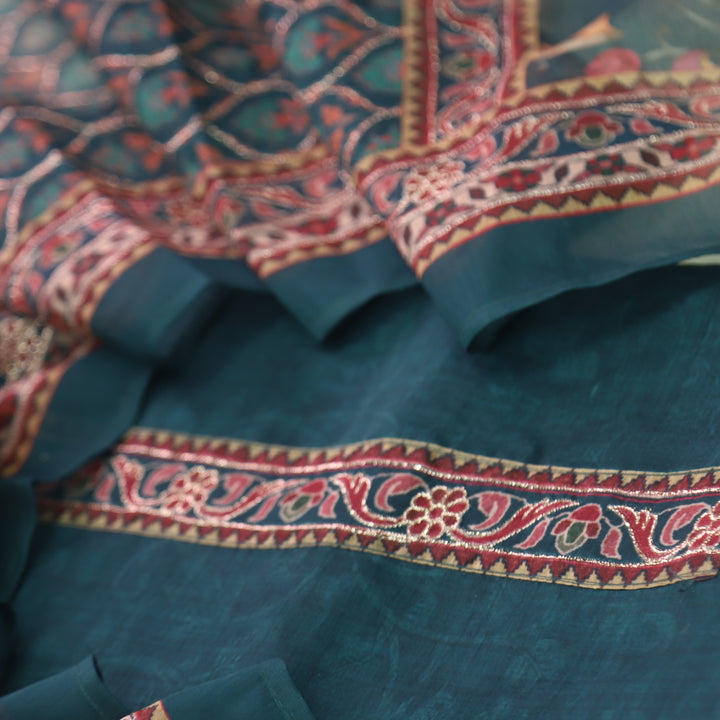 Ittar Sacramento Green Printed Patch Zari Work Neck Chanderi Suit Set
