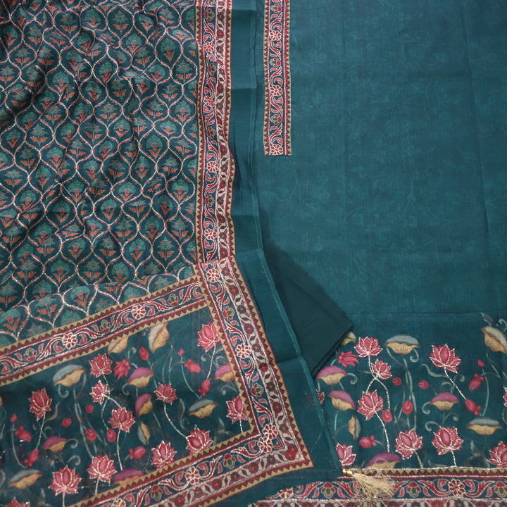 Ittar Sacramento Green Printed Patch Zari Work Neck Chanderi Suit Set