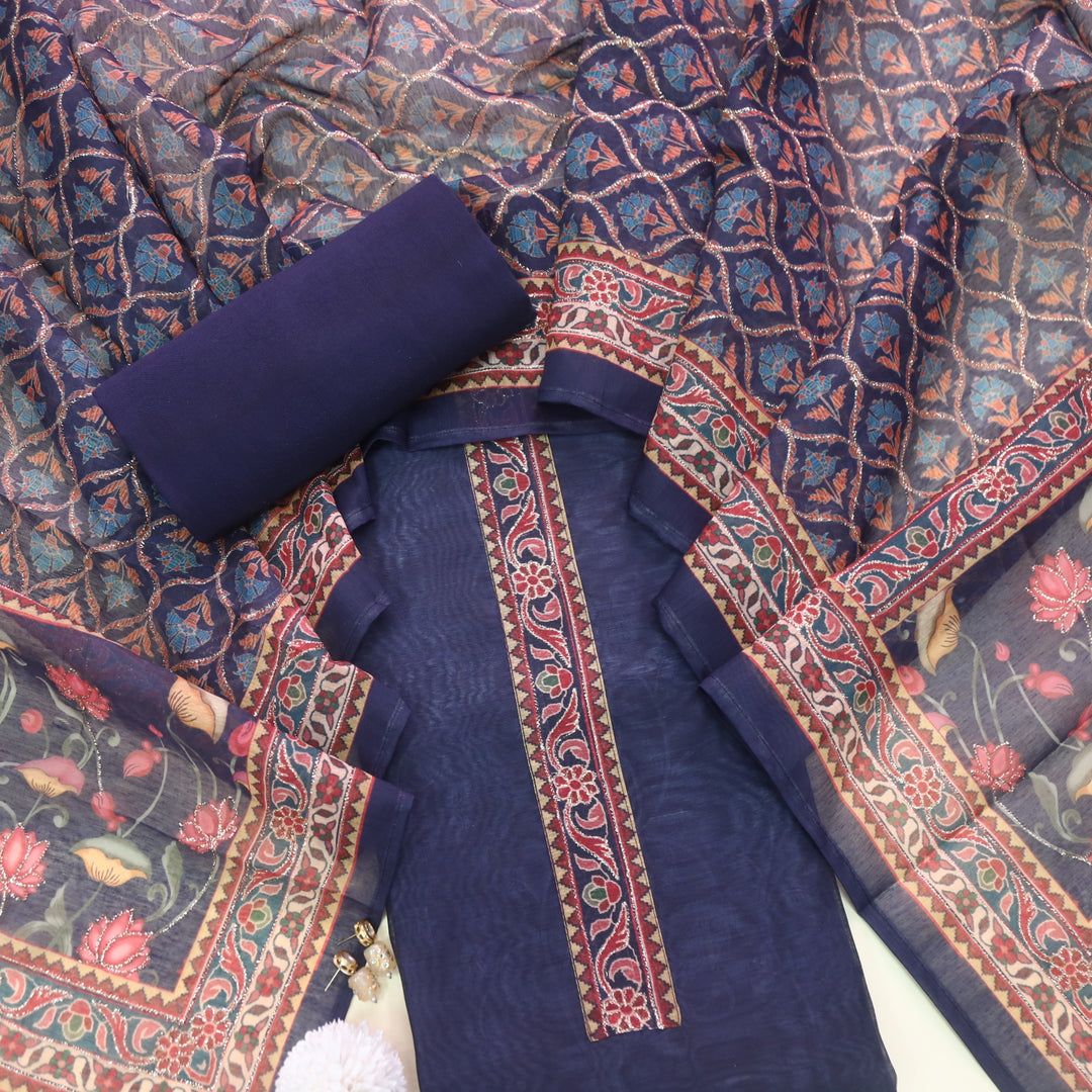 Ittar Purplish Blue Printed Patch Zari Work Neck Chanderi Suit Set