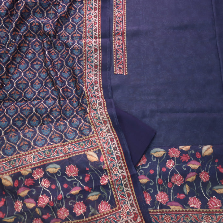 Ittar Purplish Blue Printed Patch Zari Work Neck Chanderi Suit Set