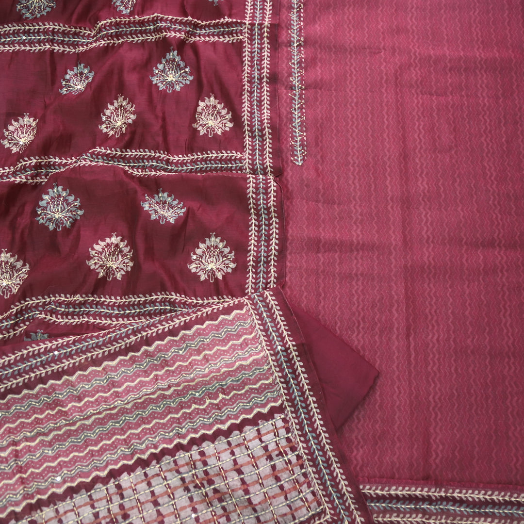 Kohinoor Maroon Red Embroidered Neck Chanderi Top with Kantha Work Dupatta