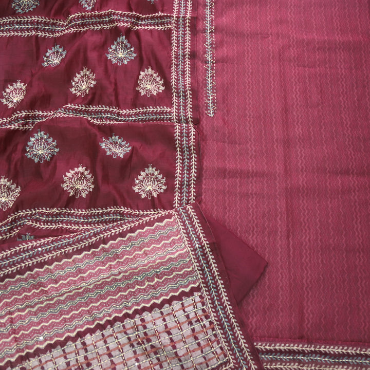 Kohinoor Maroon Red Embroidered Neck Chanderi Top with Kantha Work Dupatta