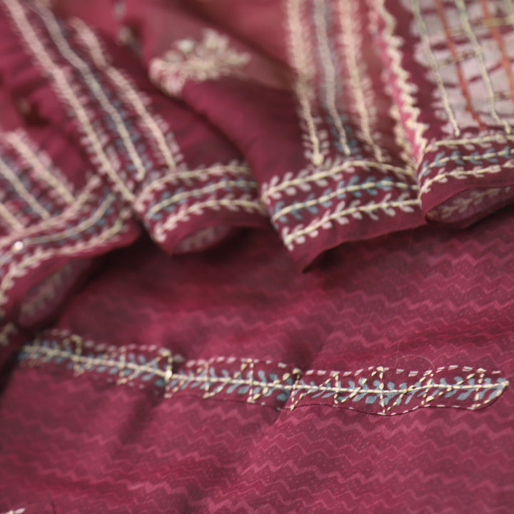Kohinoor Maroon Red Embroidered Neck Chanderi Top with Kantha Work Dupatta