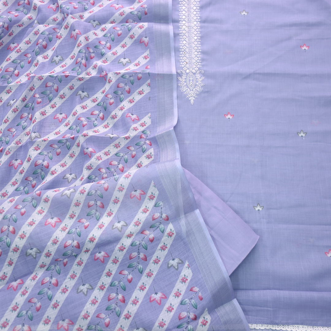 Gujaarish Lavish Purple Thread Embroidery Neck with Mirror Cotton Linen Suit Set
