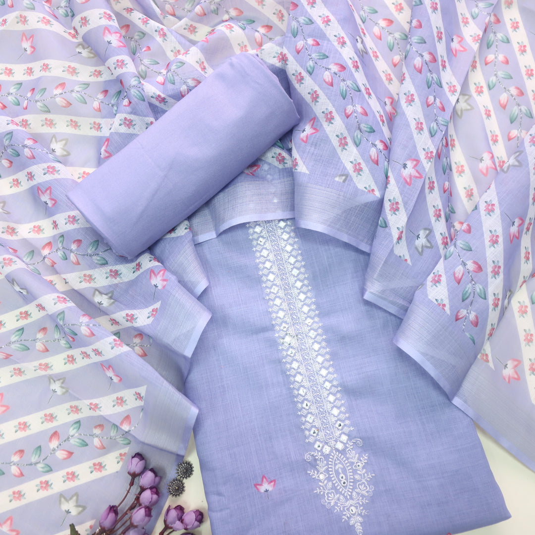 Gujaarish Lavish Purple Thread Embroidery Neck with Mirror Cotton Linen Suit Set