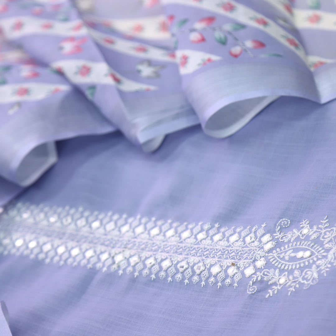 Gujaarish Lavish Purple Thread Embroidery Neck with Mirror Cotton Linen Suit Set