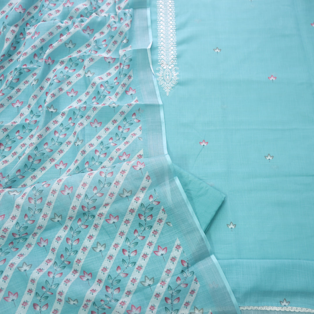 Gujaarish Aqua Blue Thread Embroidery Neck with Mirror Cotton Linen Suit Set