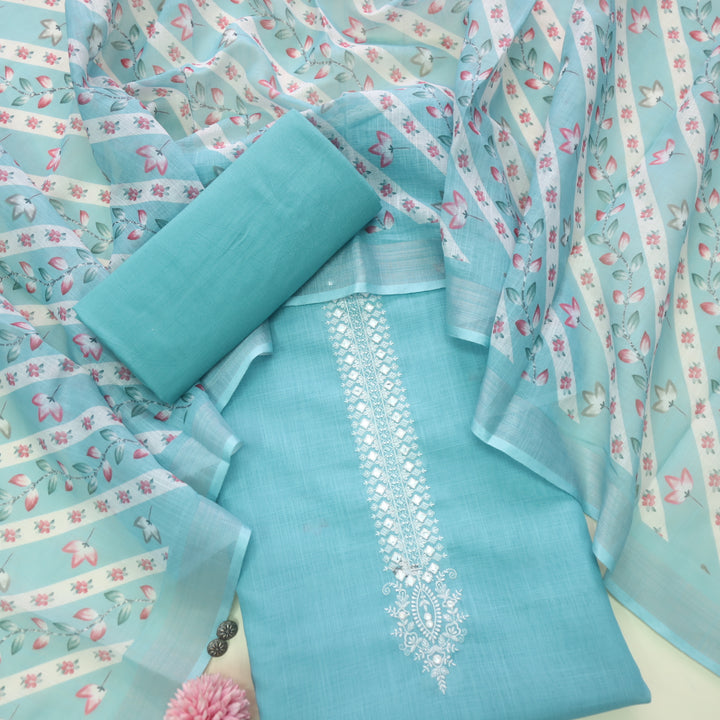 Gujaarish Aqua Blue Thread Embroidery Neck with Mirror Cotton Linen Suit Set