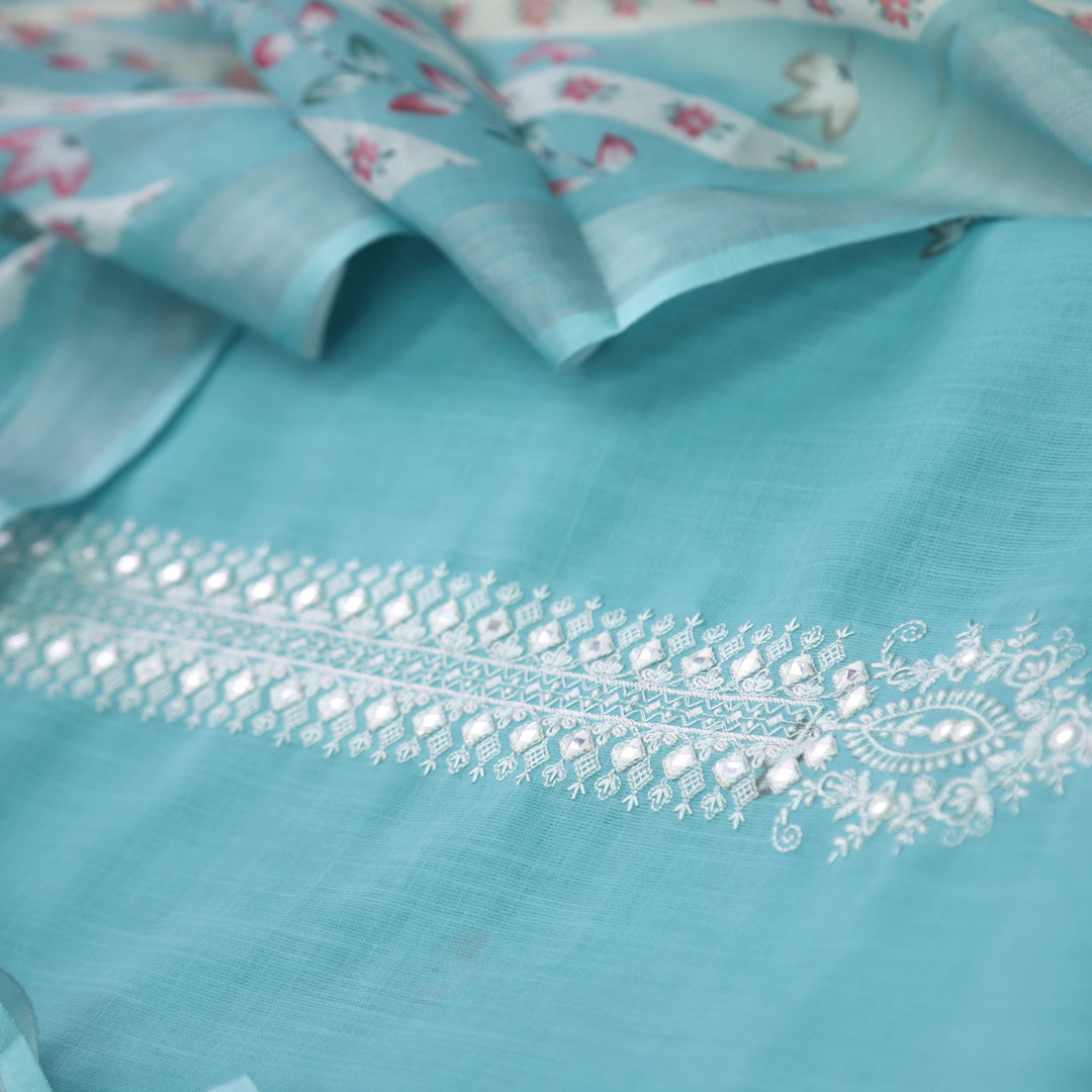 Gujaarish Aqua Blue Thread Embroidery Neck with Mirror Cotton Linen Suit Set