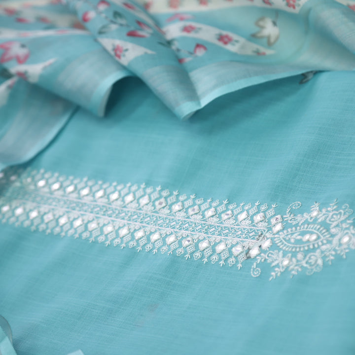 Gujaarish Aqua Blue Thread Embroidery Neck with Mirror Cotton Linen Suit Set