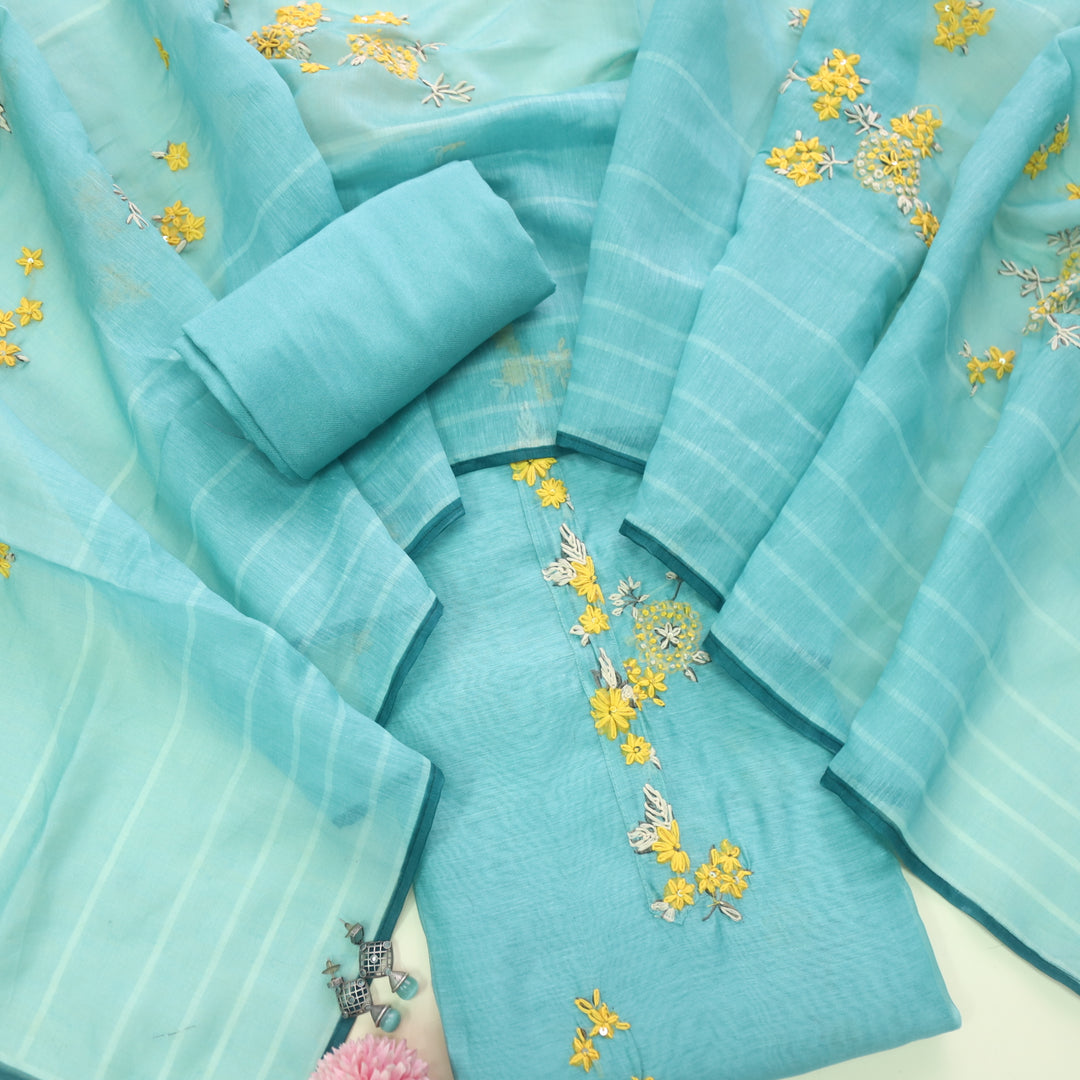 Alhada Aqua Sea Blue Kantha Embroidery Chanderi Suit Set