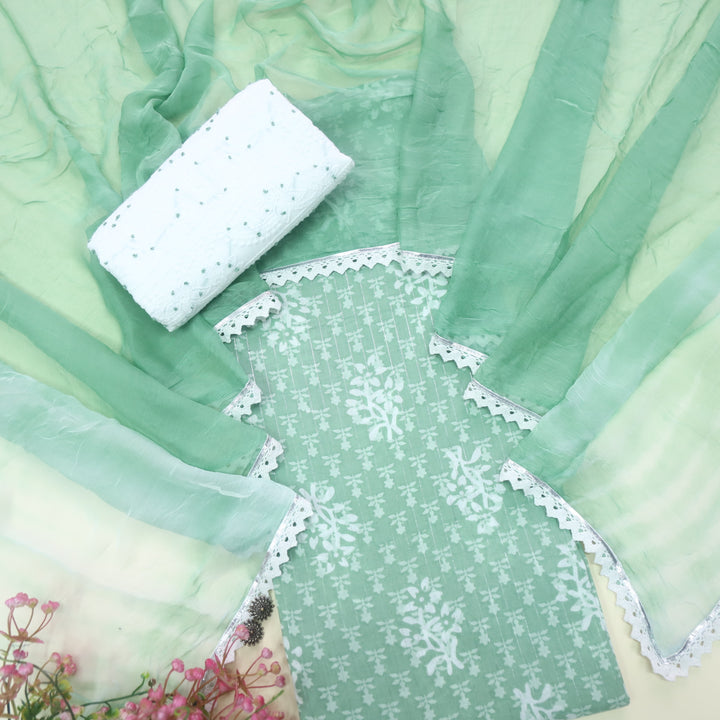 Gulshan Minty Green Batik Printed Cotton Top with Embroidered Bottom Suit Set