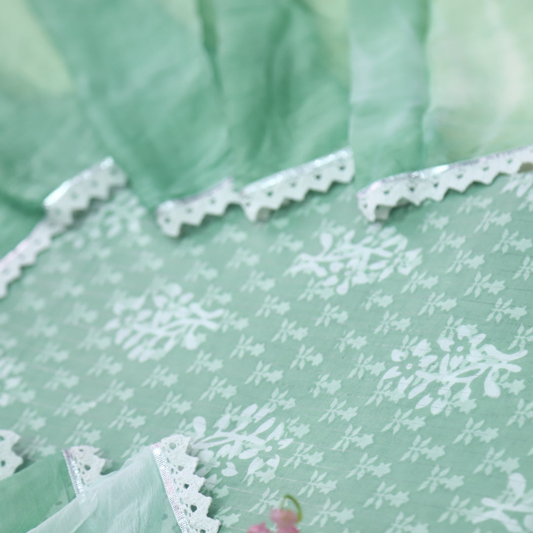 Gulshan Minty Green Batik Printed Cotton Top with Embroidered Bottom Suit Set
