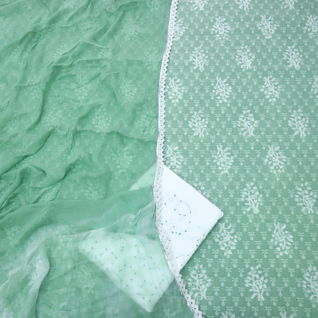 Gulshan Minty Green Batik Printed Cotton Top with Embroidered Bottom Suit Set