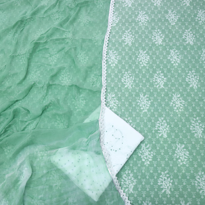Gulshan Minty Green Batik Printed Cotton Top with Embroidered Bottom Suit Set