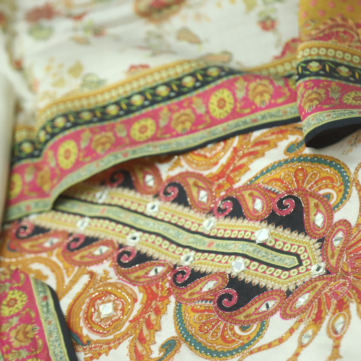 Paahna Creamy White Pakistani Mughal Damask Printed Muslin Suit Set