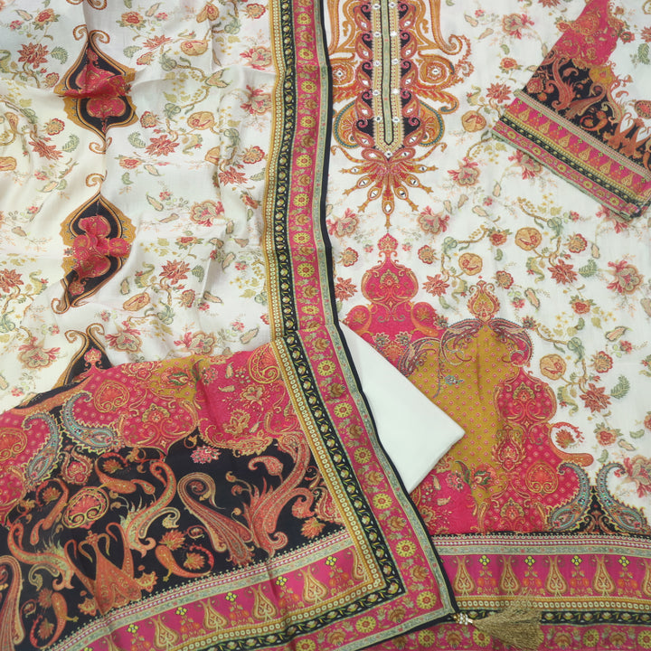 Paahna Creamy White Pakistani Mughal Damask Printed Muslin Suit Set