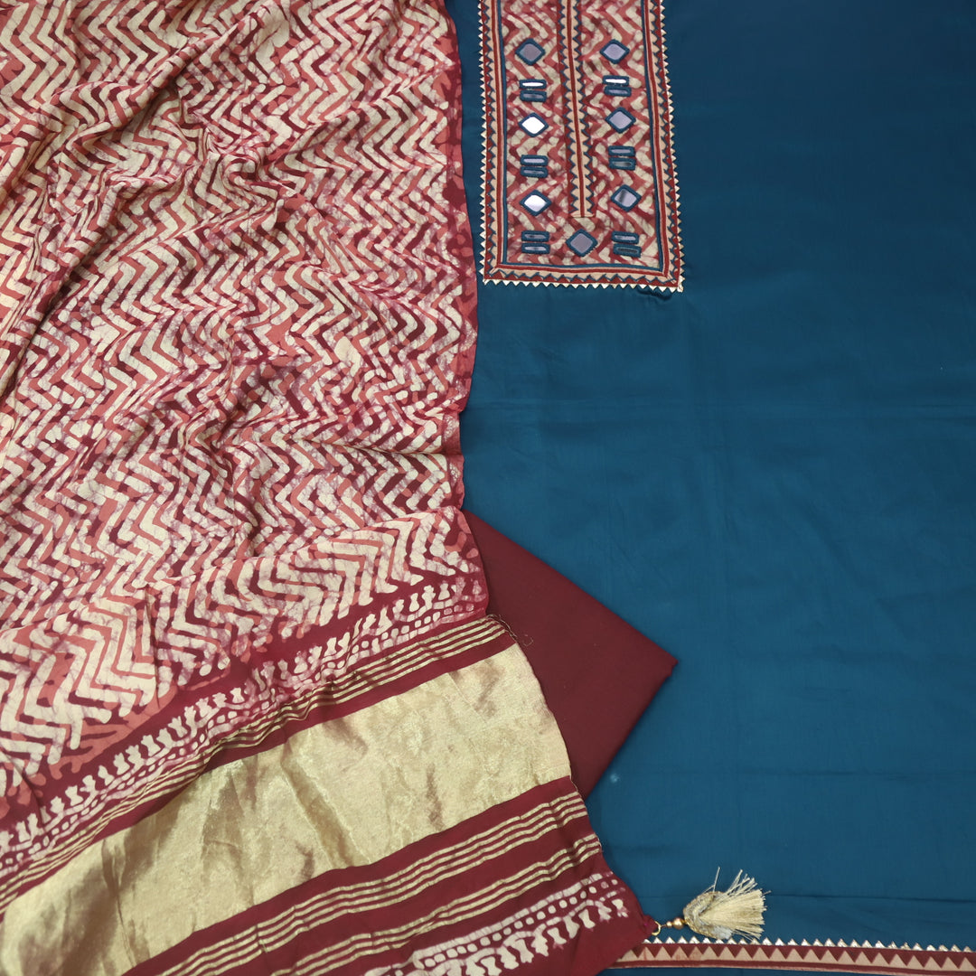Keher Denim Blue Mirror Work Cotton Top Suit with Gajji Silk Dupatta
