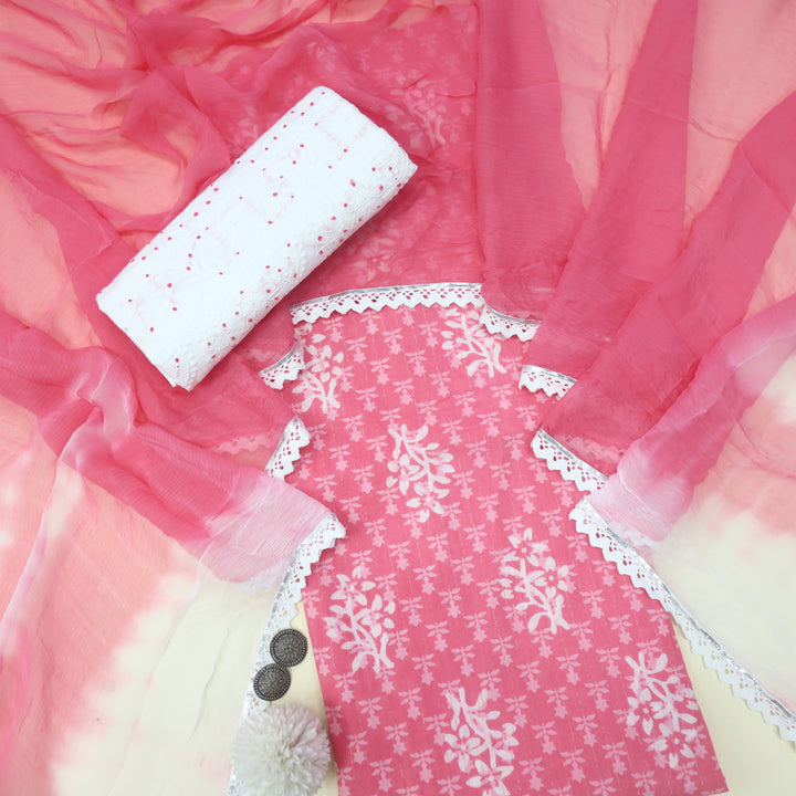 Gulshan Bright Pink Batik Printed Cotton Top with Embroidered Bottom Suit Set