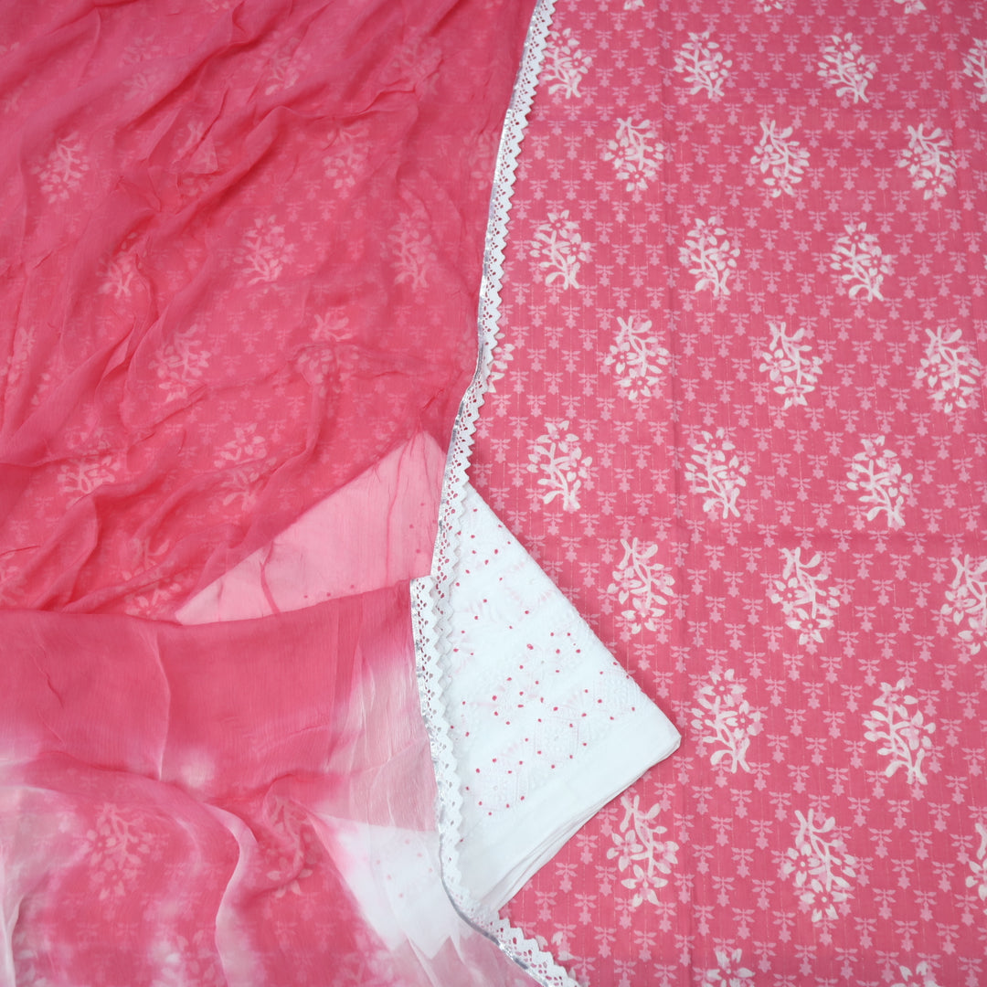 Gulshan Bright Pink Batik Printed Cotton Top with Embroidered Bottom Suit Set