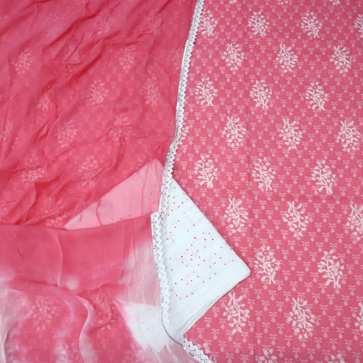 Gulshan Bright Pink Batik Printed Cotton Top with Embroidered Bottom Suit Set
