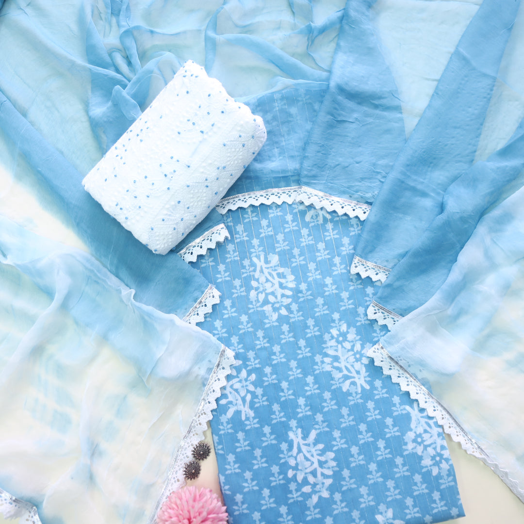 Gulshan Sky Blue Batik Printed Cotton Top with Embroidered Bottom Suit Set