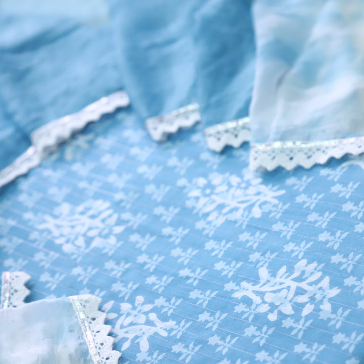 Gulshan Sky Blue Batik Printed Cotton Top with Embroidered Bottom Suit Set