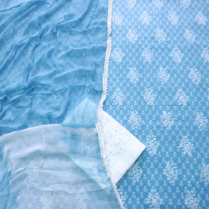Gulshan Sky Blue Batik Printed Cotton Top with Embroidered Bottom Suit Set
