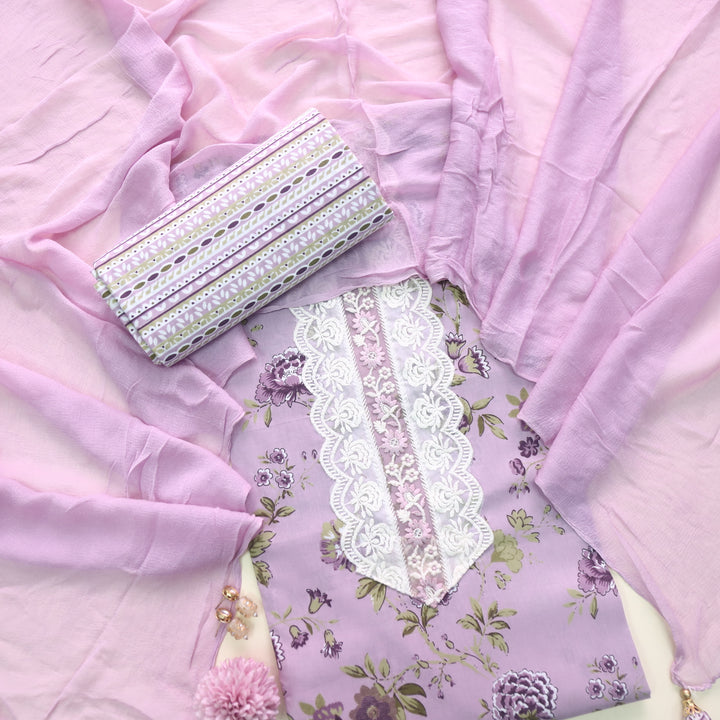 Darshanavi Light Lavender Lace Patch Neck Work Floral Printed Cotton Suit Set