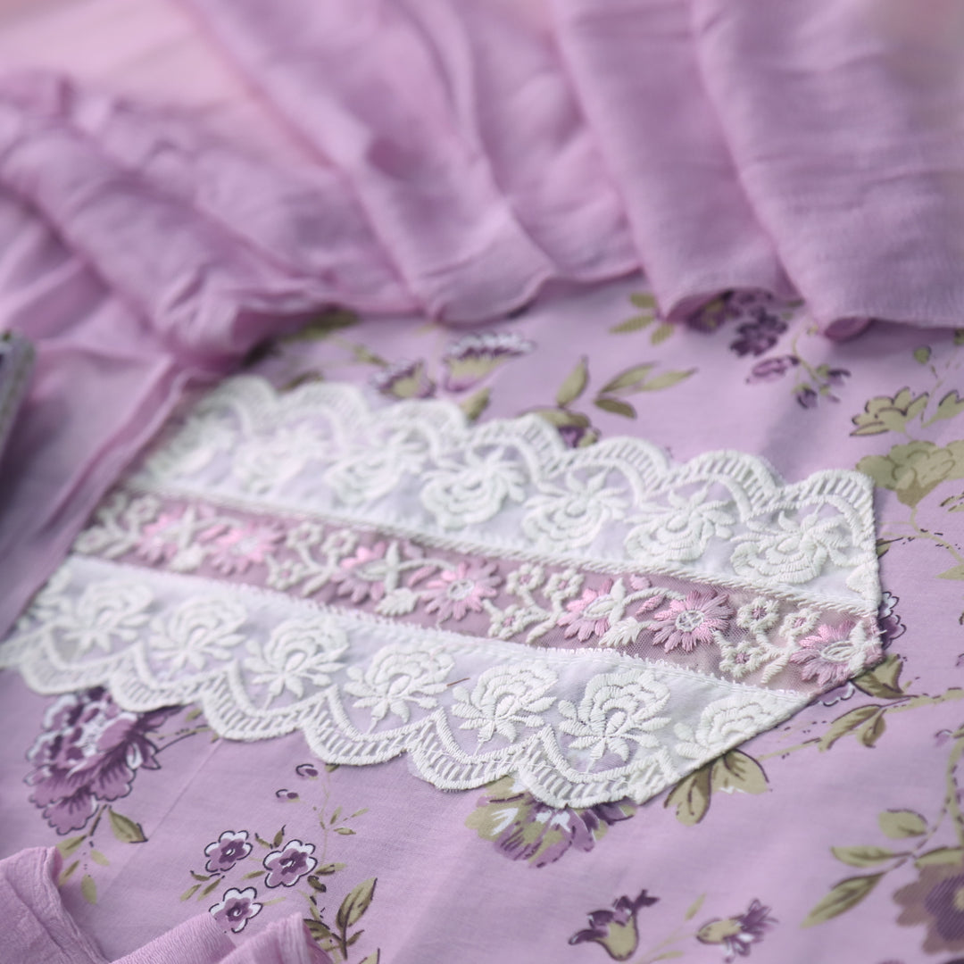 Darshanavi Light Lavender Lace Patch Neck Work Floral Printed Cotton Suit Set