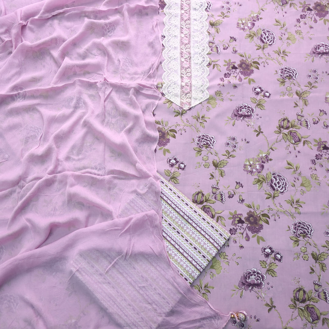 Darshanavi Light Lavender Lace Patch Neck Work Floral Printed Cotton Suit Set