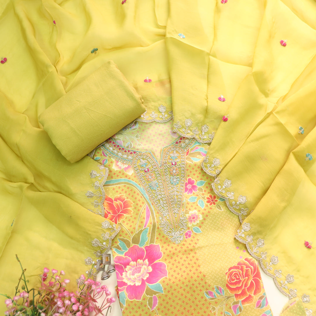 Darshanavi Slime Yellow Zari Work V Neck Printed Muslin Top Suit Set