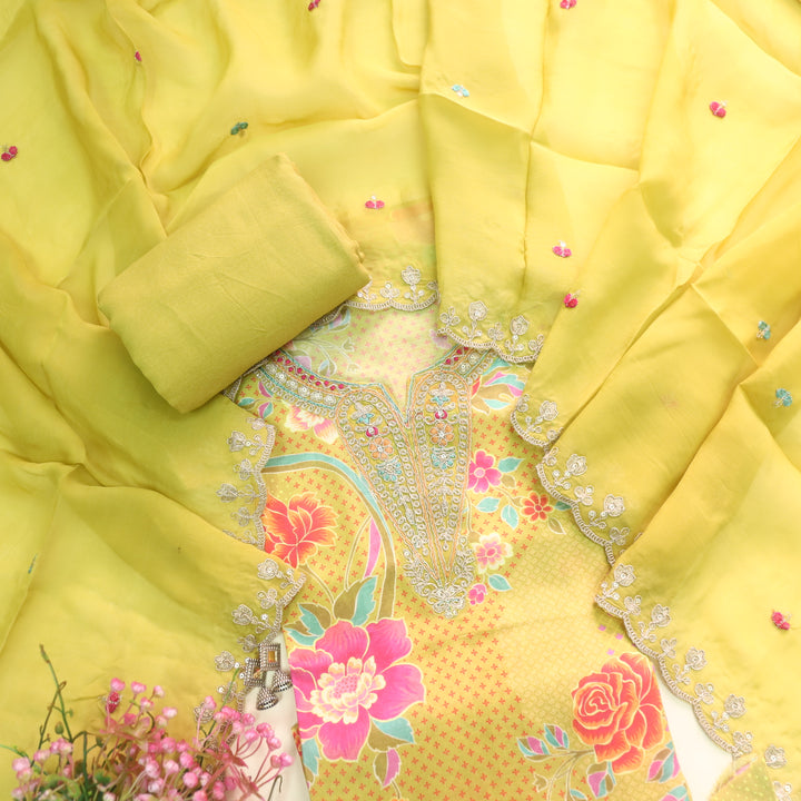 Darshanavi Slime Yellow Zari Work V Neck Printed Muslin Top Suit Set