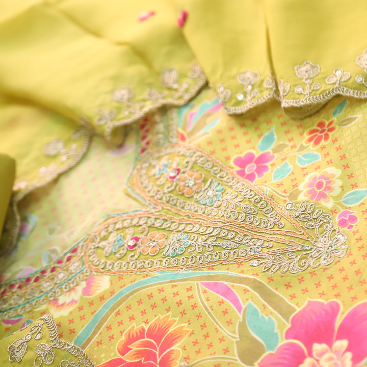 Darshanavi Slime Yellow Zari Work V Neck Printed Muslin Top Suit Set
