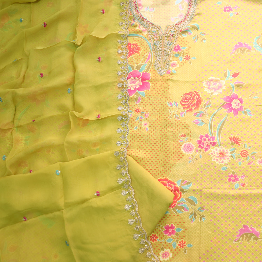 Darshanavi Slime Yellow Zari Work V Neck Printed Muslin Top Suit Set