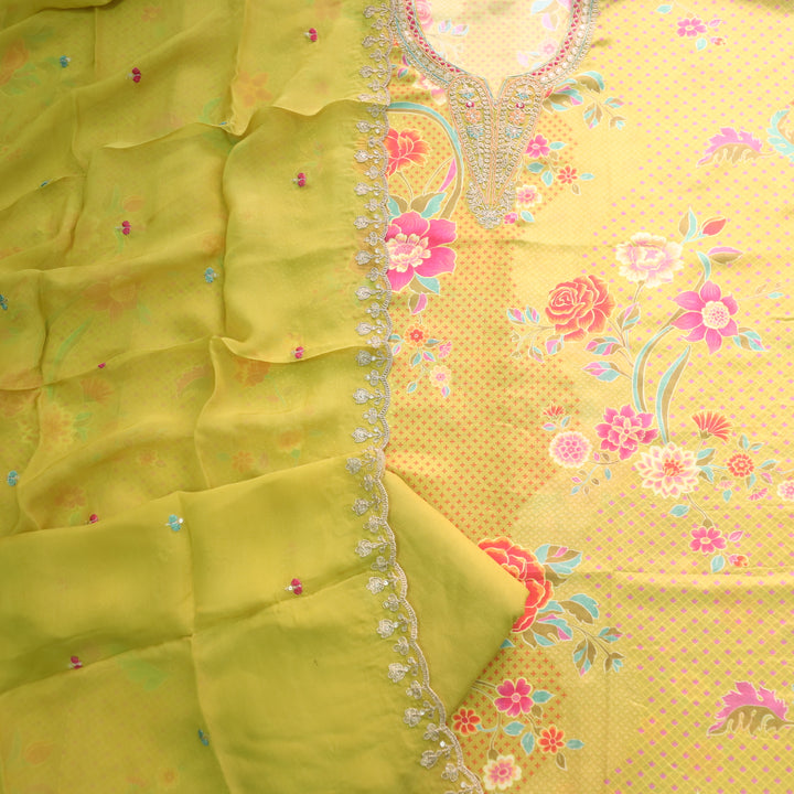Darshanavi Slime Yellow Zari Work V Neck Printed Muslin Top Suit Set