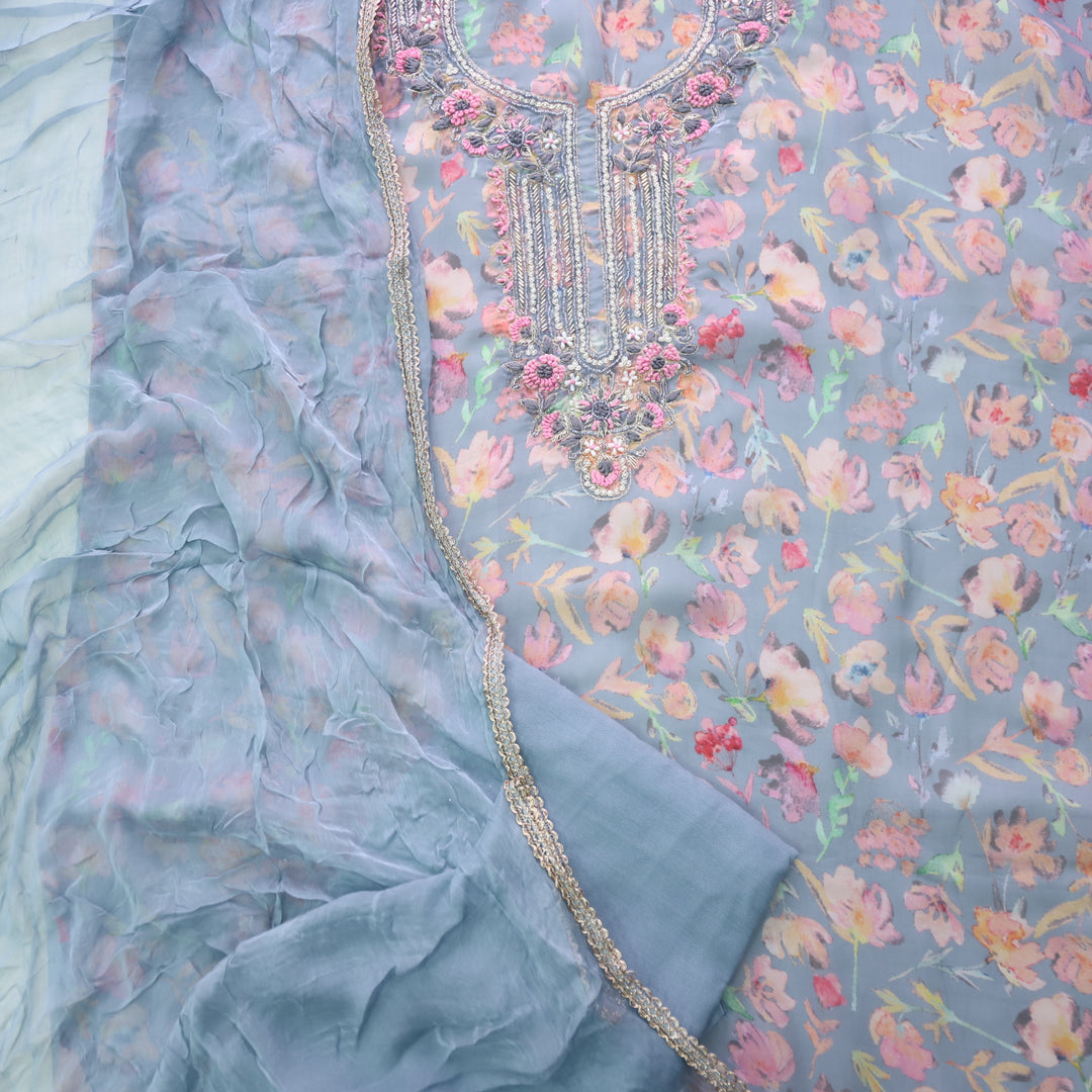 Aafreen Bluish Grey Kardana with Moti Work Floral Printed Organza suit set