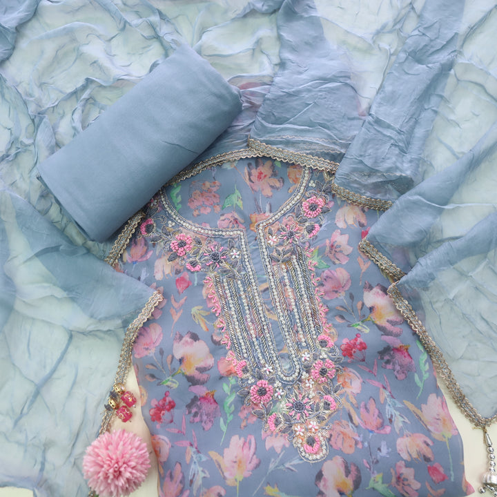 Aafreen Bluish Grey Kardana with Moti Work Floral Printed Organza suit set
