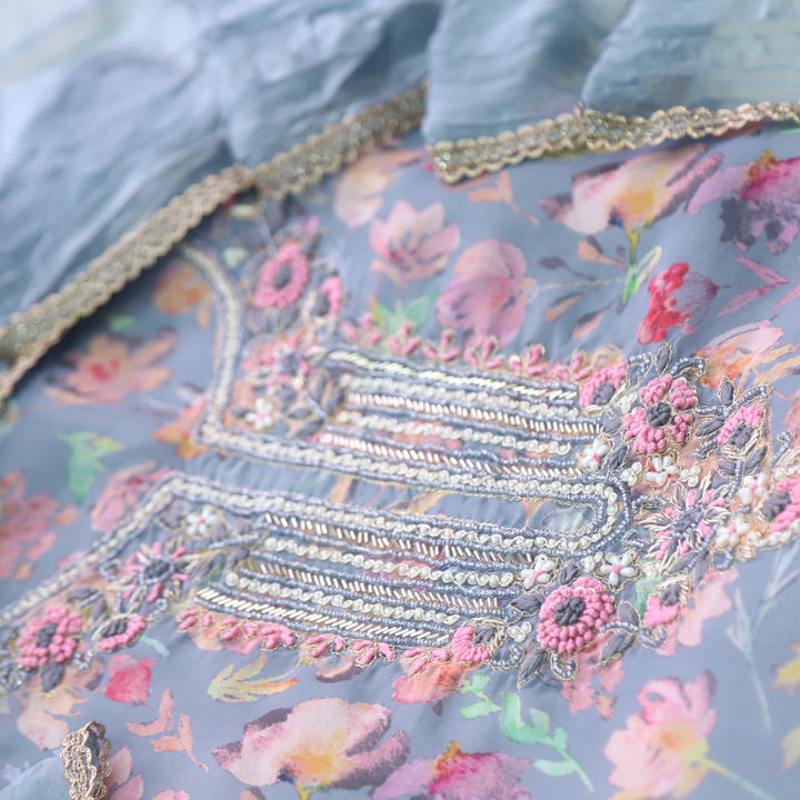 Aafreen Bluish Grey Kardana with Moti Work Floral Printed Organza suit set