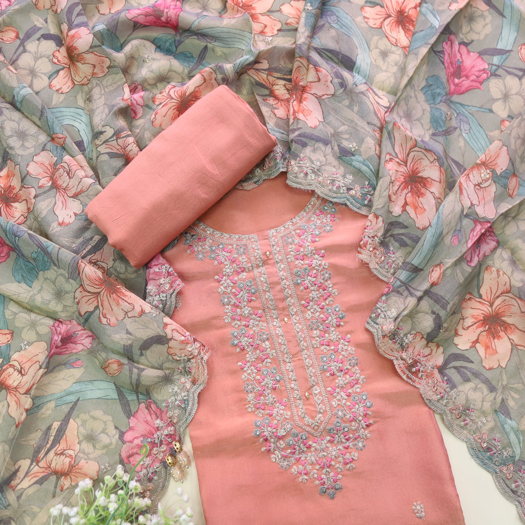 Aafreen Peach Blush Orange Zari Embroidery Shimmer Tissue Suit Set