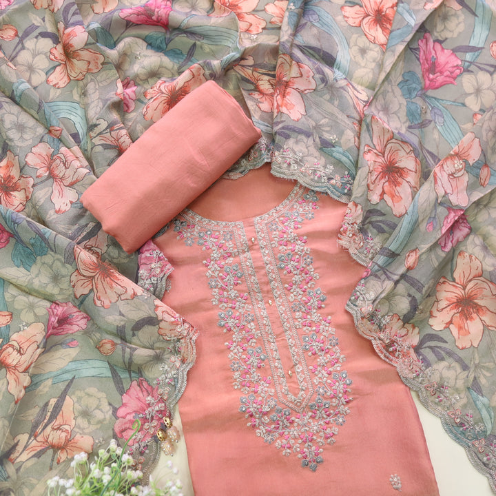 Aafreen Peach Blush Orange Zari Embroidery Shimmer Tissue Suit Set