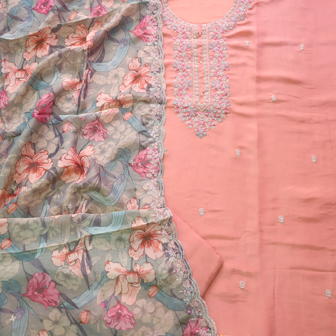Aafreen Peach Blush Orange Zari Embroidery Shimmer Tissue Suit Set