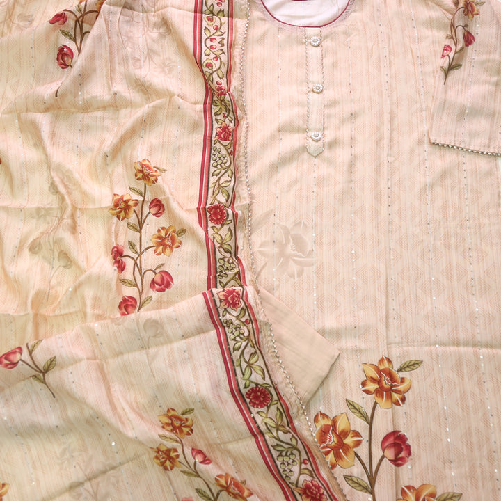 Darshanavi Creamy Peach Floral Digital Print with Sequence Muslin Suit Set