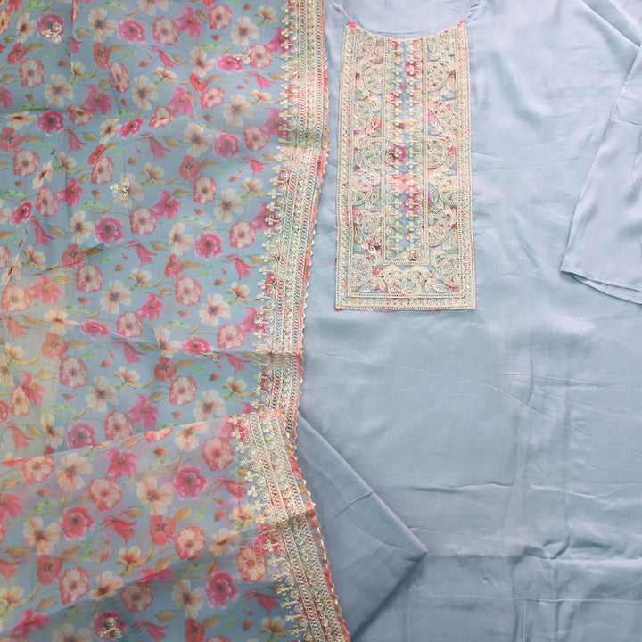 Darshanavi fossil Grey Heavy Zari Embroidery Patch work Muslin Suit Set