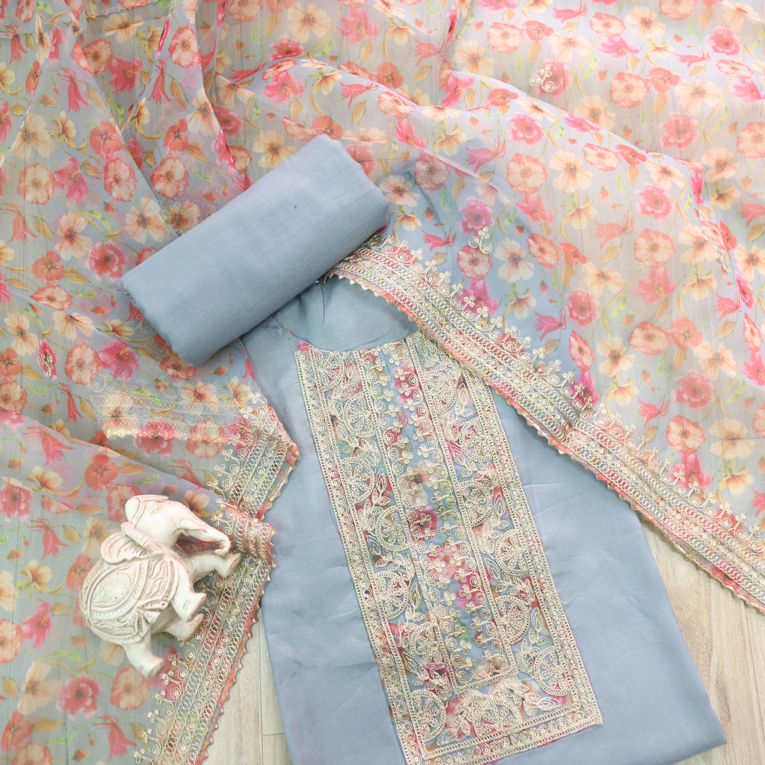 Darshanavi fossil Grey Heavy Zari Embroidery Patch work Muslin Suit Set