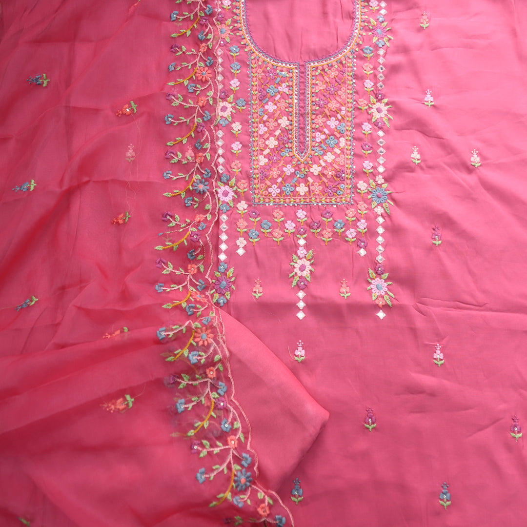 Ehtiyaat Flamingo Pink Thread work Neck Cotton Silk Suit Set